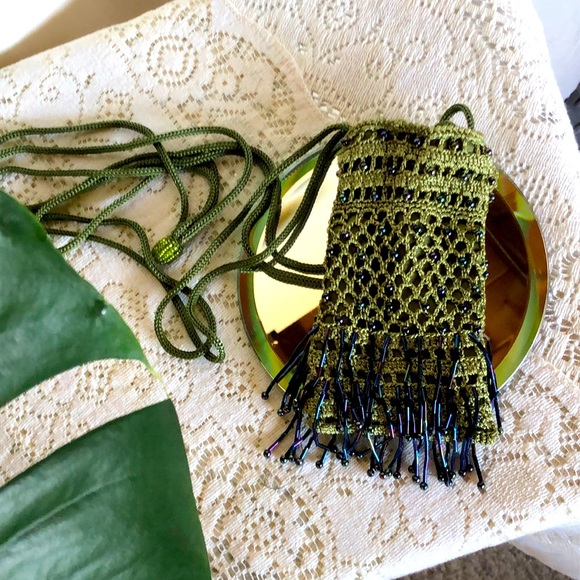 miniwear Handbags - Crocheted and beaded tiny purse, cinch top…green and purple tones…lined in green